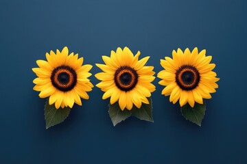 Poster - Three yellow sunflowers on blue background