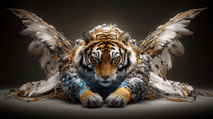Aufkleber - Bioengineered mechanical tiger roars in futuristic landscape art installation digital artwork dramatic viewpoint