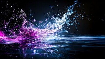 Poster - Dancing sound waves create vibrant splashes of color in water abstract art dark background conceptual view