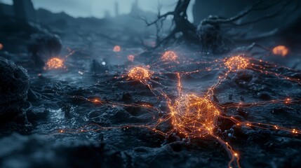 Aufkleber - 3d visualization of a hyperconnected digital landscape with interconnected spheres of light in a futuristic environment