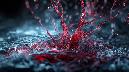 Poster - Dynamic water splash life energy flowing like blood on dark background - high-resolution artistic imagery