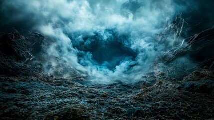 Wall Mural - Living fog enveloping mysterious terrain foggy landscape atmospheric photography nature low angle surreal beauty