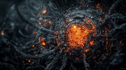 Poster - Biomechanical living machines transforming technology futuristic laboratory digital art sci-fi environment close-up view