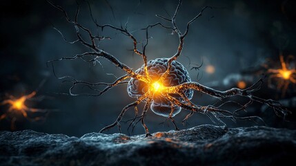 Fototapete - Glowing neurons in action a sci-fi exploration of cellular life abstract environment artistic viewpoint