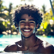 © Siasart Stock - Young Man Smiles in a Pool with Tropical Background, Sun-Kissed Skin with a Sparkling Necklace.