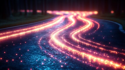 Wall Mural - Glowing Trails On A Winding Forest Road At Night