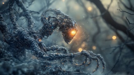 Aufkleber - Machines with consciousness exploring souls in technology abandoned forest digital art mysterious atmosphere close-up view