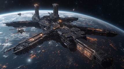 Leinwandbilder - Futuristic space station metropolis orbiting earth digital artwork sci-fi environment panning view high-tech concept