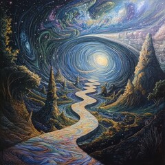 Aufkleber - Spacetime fabric a cosmic river flowing through galactic landscape night sky digital art surreal environment