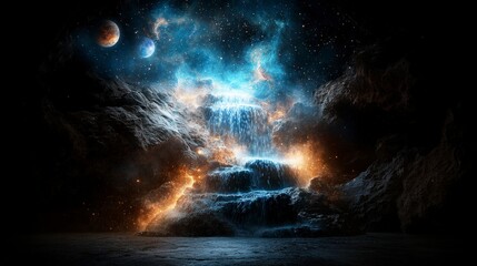 Poster - Cascading stardust waterfalls in cosmic landscape digital art night sky ethereal beauty
