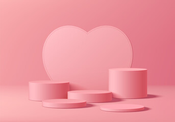 Wall Mural - 3d pink round podium set background in valentine's day concept. abstract geometric composition in mi