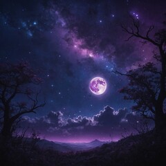 create a stunning purple anime fantasy night sky featuring a bright, glowing moon and sparkling star
