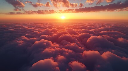 Wall Mural - aerial sunset view above cloudscape, fiery sky, travel poster