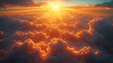 Wall Mural - Aerial sunset view above cloudscape, golden hour light, peaceful background, travel