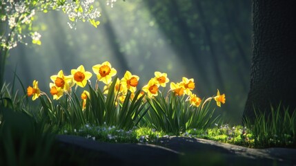 Poster - Sunlit Daffodils Bloom in a Tranquil Forest Setting