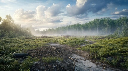 Poster - Misty Forest Path With Cut Trees And Lush Vegetation