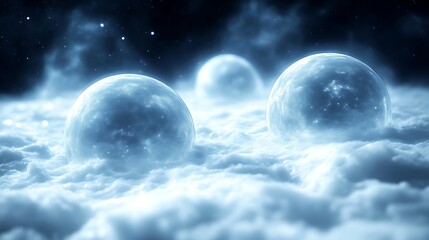 Wall Mural - Celestial spheres rest on a fluffy cloud sea