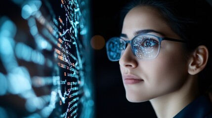 Leinwandbilder - Futuristic Coding Workspace Indian Female Developer Navigating Complex Code on Smart Surface - Tech Innovation and Dynamic Digital Solutions for Modern IT Environments