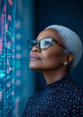 Poster - Digital Finance Expertise African Plus-Size Woman Analyzing Global Market Trends on Multi-Screen Interface - Business Innovation and Modern Financial Strategy Insights