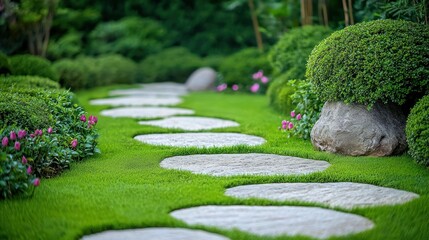 Stone path in lush green garden with trimmed bushes and pink flowers