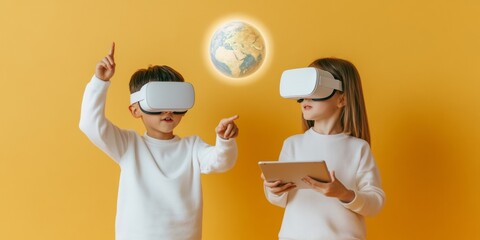 Aufkleber - Immersive VR Education Experience Korean Children in Vibrant Classroom with Holographic Globe Interaction Future-Focused EdTech for Dynamic Learning Environments