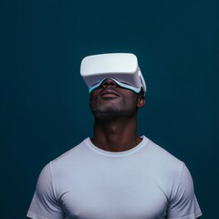 Fototapete - Futuristic VR Experience Athletic Mixed Race Man Engaging with Virtual Reality Headset in Dynamic Blue Hue - Tech Innovation for Immersive Digital Solutions and Interactive Marketing