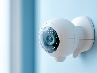 Aufkleber - Modern Minimalist Smart Surveillance Integrated White Security Camera on Soft Blue Wall for Home Safety Solutions and Advanced Digital Monitoring in Tech-Driven Environments