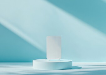 Leinwandbilder - Sleek Minimalist Portable Privacy Screen with Integrated Monitor on Light Blue Platform - Enhance Remote Work Flexibility and Modern Office Interiors
