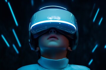 Fototapete - Immersive VR Headset Experience Futuristic Tech for Entertainment and Learning - Sleek Design with Neon Blue Accents for Youthful Engagement in Digital Realms