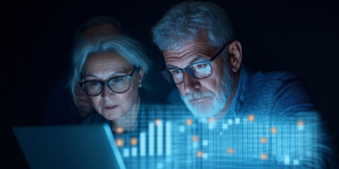 Aufkleber - Futuristic Data Analytics Platform Silver-Haired Professionals Engaged with Interactive Holographic Graphs on Laptops - Business Innovation and Tech-Driven Strategy for Senior Workforce