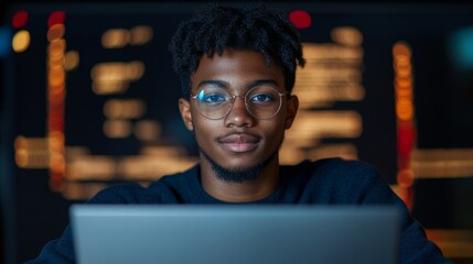 Leinwandbilder - Minimalist Tech Workspace Portrait Young Developer with Laptop in Dimly Lit Environment - Enhancing Modern Coding Culture and Digital Innovation Content