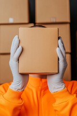 Aufkleber - Minimalist Packaging Presentation Corrugated Cardboard Box with Gloves - Sustainable E-commerce Logistics and Hygiene Standards for Modern Retail Efficiency