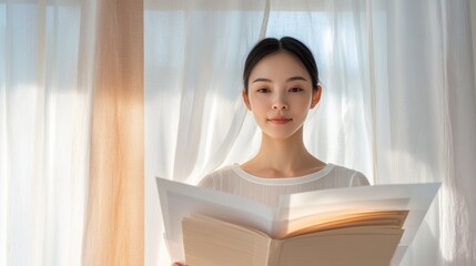 Aufkleber - Serene Minimalist Portrait Young Woman with Documents and Soft Textured Curtains - Modern Workspace Aesthetic for Professional Branding and Calming Office Interiors