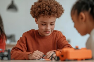 Poster - Interactive STEAM Learning Diverse Kids Engaging with Robotics Kits on Sleek Classroom Tables - Future Skills and Tech Innovation for Educational Growth
