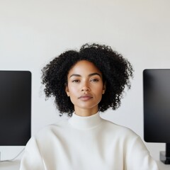 Leinwandbilder - Minimalist Workspace Design African American Woman, 35, in Business Casual with Dual Monitors and Cable Management - Ergonomic Remote Work Efficiency in Modern Corporate Settings