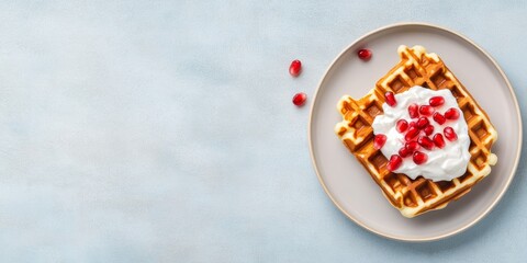 Canvas Print - Rustic Brunch Aesthetic Wholegrain Waffle with Greek Yogurt and Pomegranate on Textured Plate Clean Eating Concepts for Health-Focused Content and Sustainable Culinary Marketing