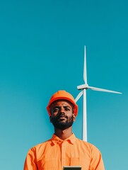 Aufkleber - Vibrant Eco-Tech Portrait Diverse Young Professional Analyzing Wind Turbine Diagnostics in Clear Skies - Cutting-Edge Renewable Energy Solutions and Green Innovation