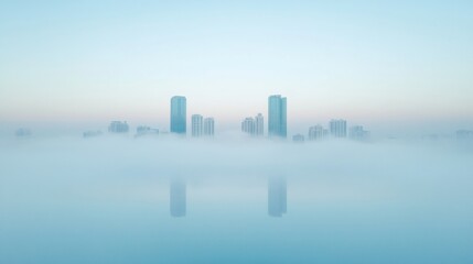 Fototapete - Foggy Ephemeral Skylines Minimalist Urban Silhouette with Reflections - Environmental Health Content and Sustainable Design for Urban Planning and Climate Awareness Initiatives