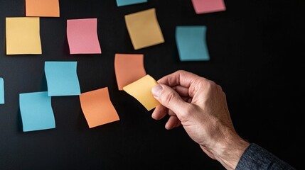Aufkleber - Contemporary Creative Workspace Colorful Sticky Notes on Black Surface for Dynamic Team Planning - Enhance Productivity and Collaboration with Modern Design Concepts for Business Innovation