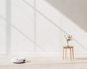 Aufkleber - Contemporary Minimalist Living Smart Robotic Vacuum on Sleek Wooden Floors - Home Automation and Digital Innovation for Modern Interiors and Efficient Urban Living