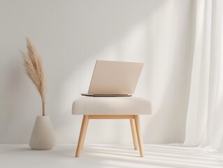 Aufkleber - Scandi Minimalist Workspace Ergonomic Laptop Setup in Natural Light - Urban Home Office Design for Digital Nomads and Sustainable Productivity Solutions