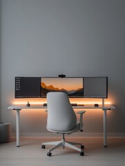 Aufkleber - Modern Minimalist Hybrid Workspace Sleek White Desk with Dual Monitors and LED Ambiance - Efficiency for Remote Work and Digital Innovation