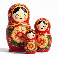 Three red floral matryoshka dolls on white background