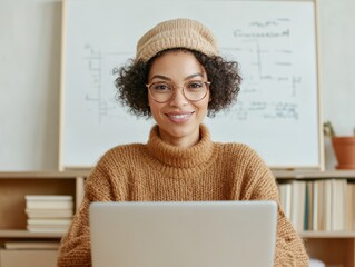 Poster - Scandinavian Boho Home Office Latina Educator Conducting Virtual Class with Laptop - EdTech Empowerment and Modern Learning Solutions