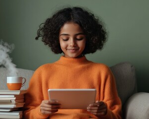 Poster - Cozy EdTech Corner Teenage Indian Girl Engaged in Digital Science Learning via Tablet - Elevating Remote Education with Interactive Videos and Self-Study Nooks