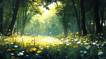 Wall Mural - Sunlit Forest Glade With Yellow And White Flowers