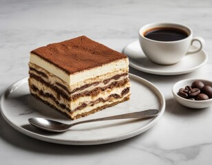 Canvas Print - Tiramisu Dessert on Marble Table with Coffee and Coffee Beans