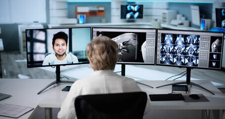 Wall Mural - doctor in online video conference. medical webinar