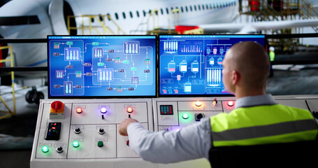 Fototapete - Technical Monitoring At Aircraft Maintenance Hangar