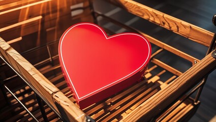 red heart shape on mini wooden shopping cart. Image for happy valentine day concept, vintage color tone.